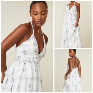 LoveShackFancy White and Light Blue Floral Maxi Dress